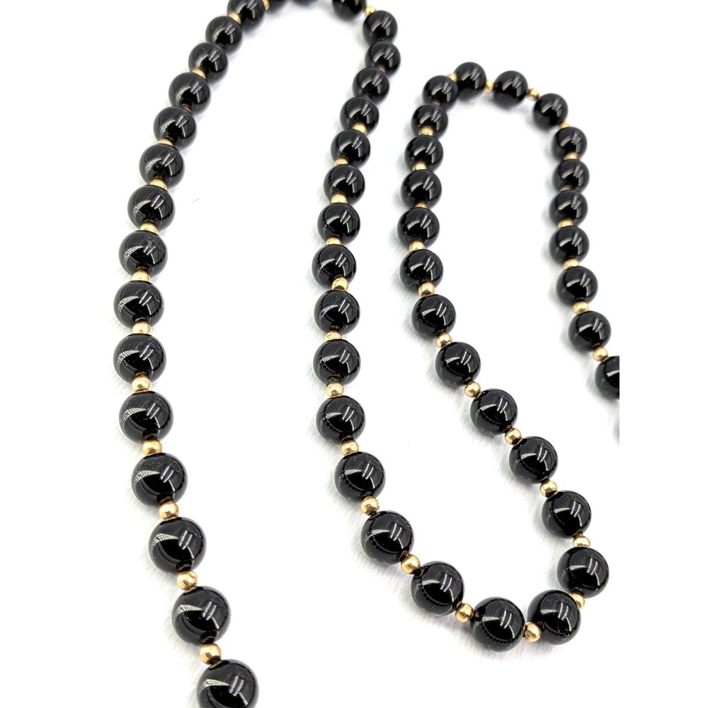 Black Onyx Bead Necklace 10K Gold Spacer 14in No Clasp Endless Strand 51g Loop
